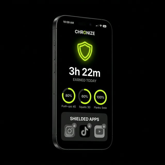 Chronize App showing shield, earned time, and exercise stats
